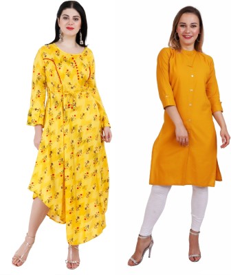 Sanjh Women Printed, Solid Asymmetric Kurta(Yellow)