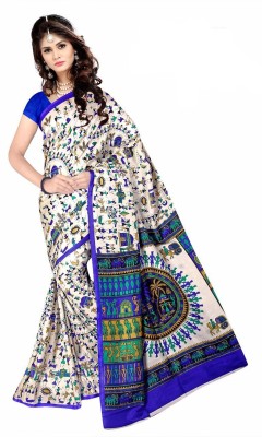 GLAM VILLA Printed Sambalpuri Silk Blend, Chanderi Saree(White, Blue)