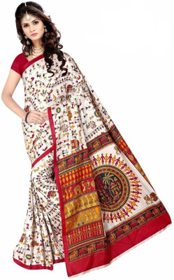 AJS Printed Daily Wear Art Silk Saree(White)