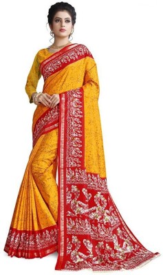 GLAM VILLA Printed Hand Batik Silk Blend, Chanderi Saree(Yellow)