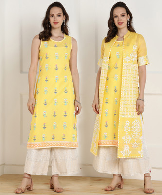 biba-women-self-design-straight-kurtayellow