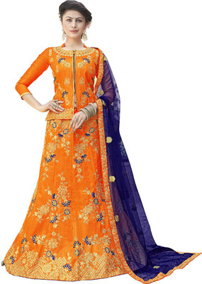 manvaa Embroidered Semi Stitched Lehenga Choli(Blue, Orange)