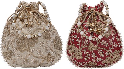 KUBER INDUSTRIES Silk Embroidered 2 Pieces Women Potli Bag (Cream & Maroon) -CTKTC8825 Potli(Pack of 2)