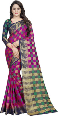 FINE WEAR Checkered Patola Cotton Silk Saree(Magenta)