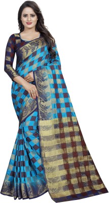 FINE WEAR Checkered Patola Cotton Silk Saree(Blue)