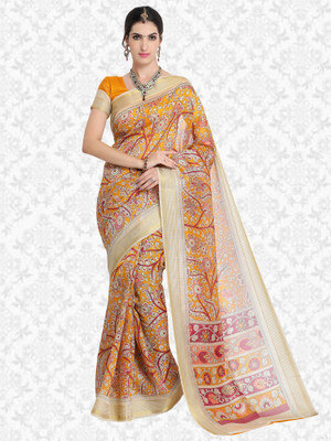 Divastri Printed Kalamkari Art Silk Saree(Gold, Mustard)