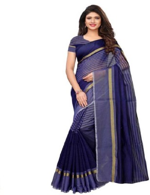 Kanooda Prints Striped Daily Wear Cotton Silk Saree(Dark Blue)