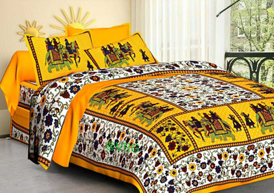 Divya Bazaar 300 TC Cotton King Printed Fitted & Flat Bedsheet(Pack of 1, Yellow)