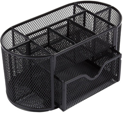 Cpixen 8 Compartments Metal Office School Supplies Caddy Desktop Organizer - Elegant Black Mesh Wire Design - Features 8 Space Saving Supplies Compartments and One Large Slide Drawer(Black)
