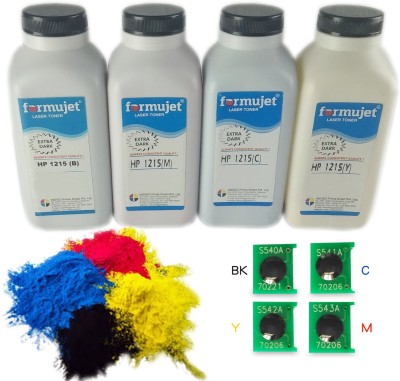 Formujet Color Toner Powder 1215 & Chip Set Compatible For Refilling HP Color Laserjet Toner Cartridge CB540, 541, 542, 543 Used in Printers CP1215,1515,1518, CM1312, CP1525, CP2025, CP5225, CP1025; Canon LBP 5050, 5460, 7070 (Cyan, Magenta, Yellow, Black) Black + Tri Color Combo Pack Ink Toner Powd