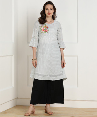biba-women-printed-striped-a-line-kurtagrey