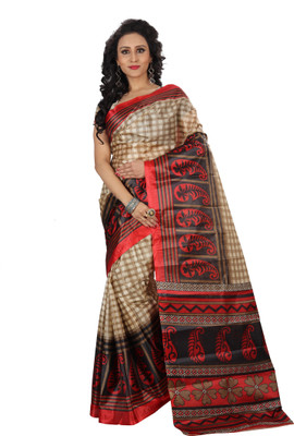 Grubstaker Printed, Checkered Daily Wear Art Silk Saree(Black)