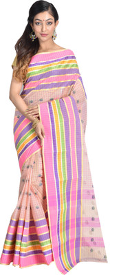 Kalpana Enterprise Self Design, Temple Border, Embroidered, Embellished, Woven, Applique, Solid/Plain, Checkered Tant Pure Cotton Saree(Cream)