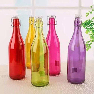 1st Time Water/ Milk Transparent Colorful Bottle With Lid, Set Of 5, 1000 ml -RT110 1000 ml Bottle(Pack of 5, Multicolor, Glass)