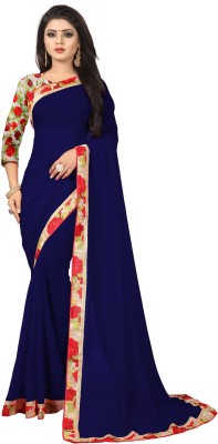 fashion Day Solid/Plain Daily Wear Georgette Saree(Dark Blue)