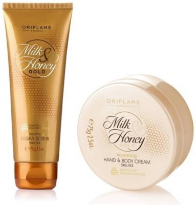 Oriflame Sweden Milk & Honey Gold Nourishing Hand & Body Cream + Smoothing Sugar Scrub Small Pack Combo(2 Items in the set)