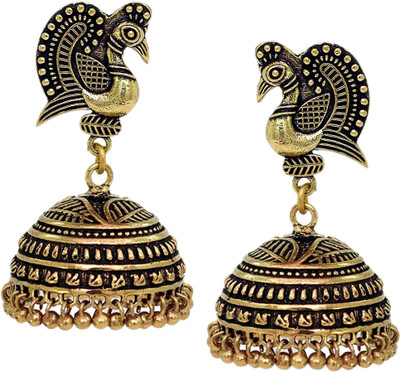 V L IMPEX Dancing Peacock Style Black Metal Gold Palted Oxidized Alloy Jhumki Earring