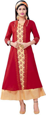 WomenMagic Women Printed A-line Kurta(Red, Beige)