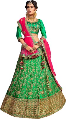 manvaa Embroidered Semi Stitched Lehenga Choli(Green, Gold, Pink)