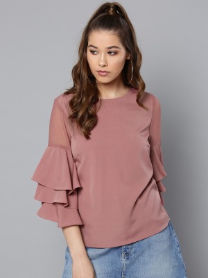HARPA Casual Layered Sleeve Solid Women Pink Top