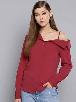 HARPA Casual Regular Sleeve Solid Women Maroon Top