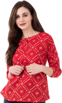 Anuttara Fashions Casual 3/4 Sleeve Printed Women Red Top