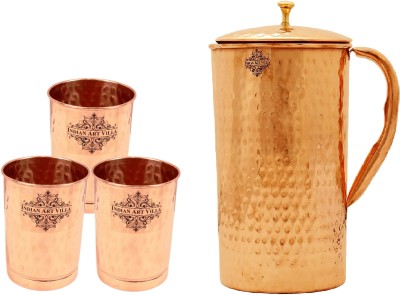 IndianArtVilla Copper Hammered Set of 1 Jug Pitcher 2100 ML with 3 Glass Tumbler 300 ML each - Storage Drinking Water Home Hotel Restaurant Jug Glass Set(Copper)