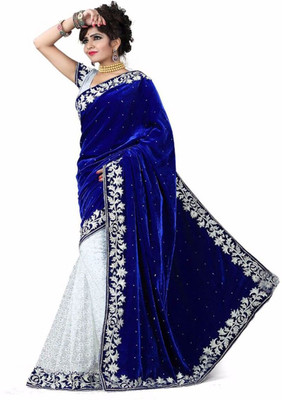 FoogFeb Embroidered Bollywood Velvet Saree(White)