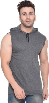 Money Leaf Solid Men Hooded Neck Grey T-Shirt