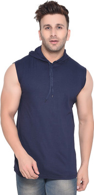 Money Leaf Solid Men Hooded Neck Blue T-Shirt
