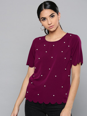 HARPA Casual Regular Sleeve Embellished Women Maroon Top