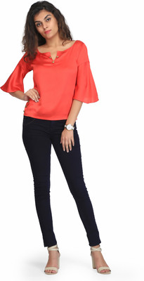 RAMAGIQ Casual Bell Sleeve Solid Women Red Top