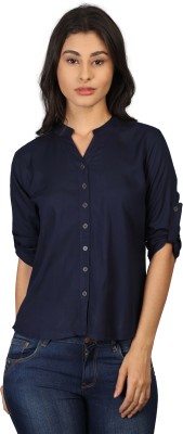 ADMAIRA Casual Roll-up Sleeve Solid Women Blue Top