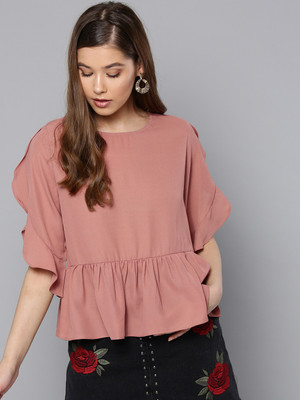 HARPA Casual Ruffled Sleeve Solid Women Pink Top