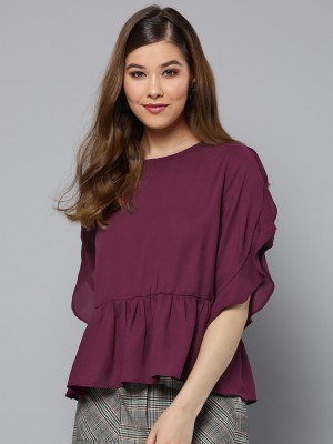 HARPA Casual Ruffled Sleeve Solid Women Maroon Top