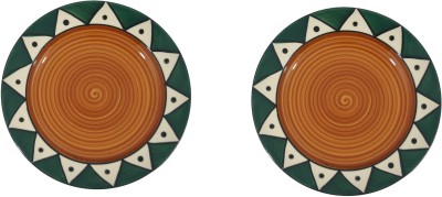 caffeine Ceramic Handmade Green Tribal 7 inch Quarter Plate(Pack of 2, Microwave Safe)