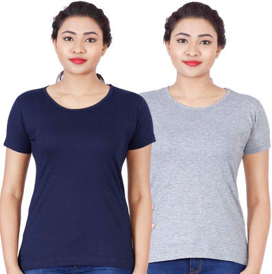 Fleximaa Solid Women Round Neck Dark Blue, Grey T-Shirt