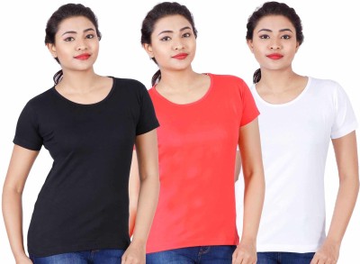 Fleximaa Solid Women Round Neck Red, White, Black T-Shirt