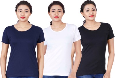 Fleximaa Solid Women Round Neck Dark Blue, White, Black T-Shirt