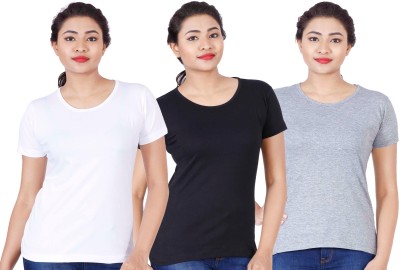 Fleximaa Solid Women Round Neck White, Black, Grey T-Shirt