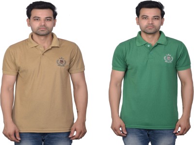 La Milano Embroidered Men Polo Neck Green, Beige T-Shirt