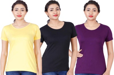 Fleximaa Solid Women Round Neck Purple, Black, Yellow T-Shirt