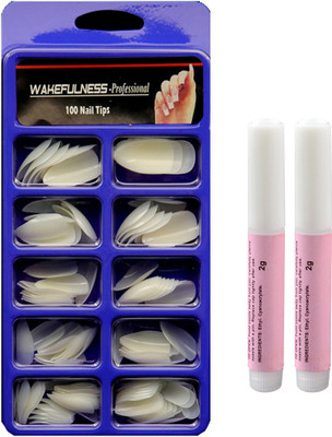WAKEFULNESS 100 Pcs High Quality False Nails with 2 Pcs Nail Glue Sharp Fake Nails Natural(Pack of 100)