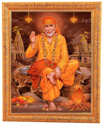BM Traders Bm Traders Golden Zari Art Work Photo of Shirdi Sai Baba In Gloden Frame Big (14 X 18 Inches) Religious Frame