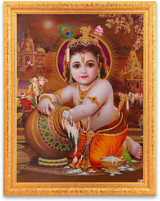 BM Traders Bm Traders Bal Krishna Golden Zari Art Work Photo In Golden Frame Big (14 X 18 Inches) Religious Frame