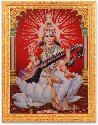 BM Traders Bm Traders Maa Saraswati Silver Zari Art Work Photo In Golden Frame Big (14 X 18 Inches) Religious Frame