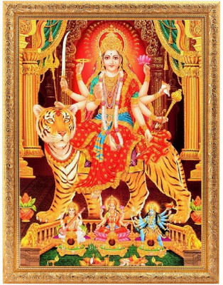 BM Traders Bm Traders Maa Durga-Sarawati-Kali-Lakshmi Golden Zari Work Photo In Golden Frame Big (14 X 18 Inches) Religious Frame