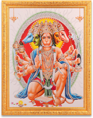 BM Traders Bm Traders Panchmukhi Hanuman Silver Zari Art Work Photo In Golden Frame Big (14 X 18 Inches) Religious Frame