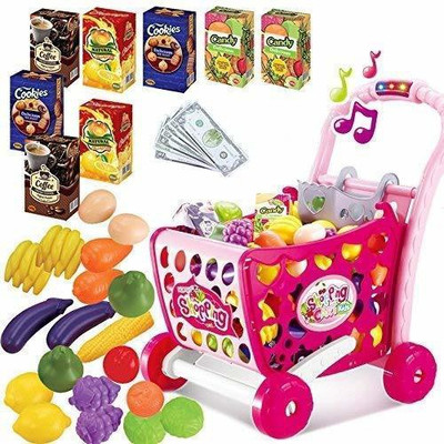 Jugutoz 3 in 1 Kids Supermarket Shopping Cart Hand Induction with Light & Sound Pretend Play Toy for Kid with Fruits & Vegetables ( Pink )Be the first to Review this prod