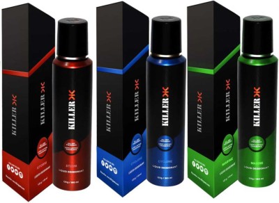 KILLER Storm, Cyclone, Marine (150ml Each) Deodorant Spray  -  For Men & Women(450 ml, Pack of 3)